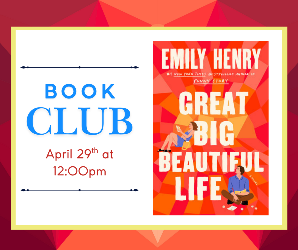 Image of book cover for Great Big Beautiful Life by Emily Henry. Depicts a male and female with books. Bright orange background.