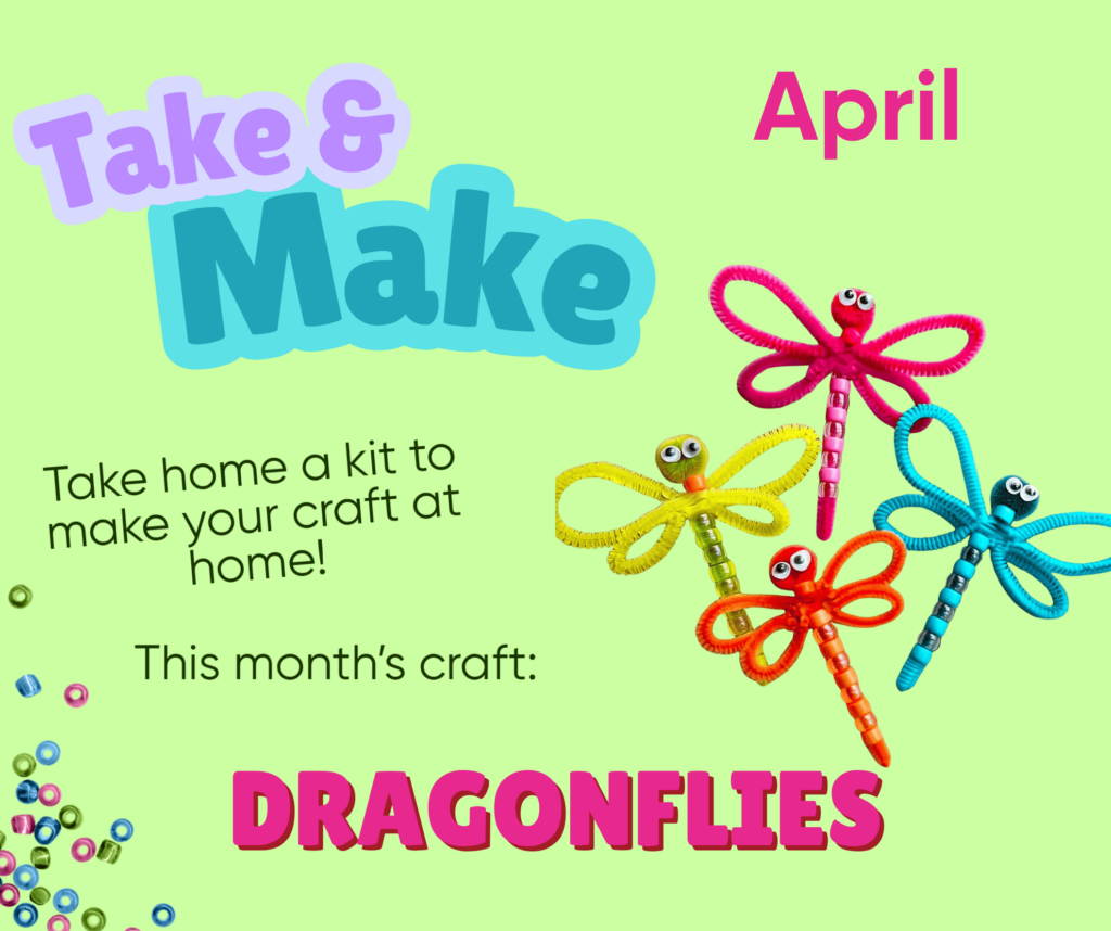 Images of monthly take and make- dragonflies made from pipe cleaners, beads, and googly eyes.