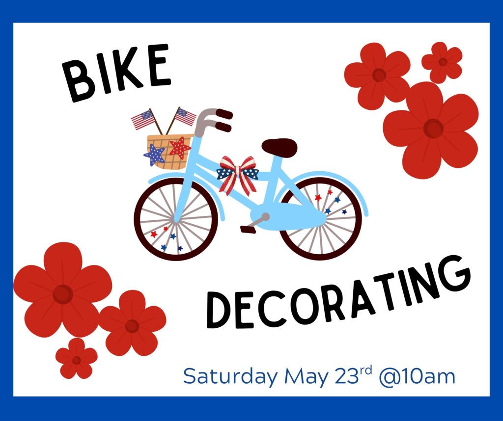 Image of bike with USA themed decorations for bike decorating program. 5/23 at 10:00am