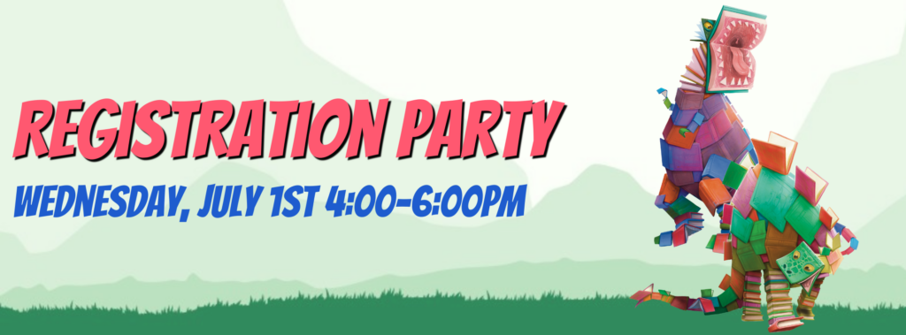 "registration Part: Wednesday July 1st 4-6pm" Image of dinosaur made out of books