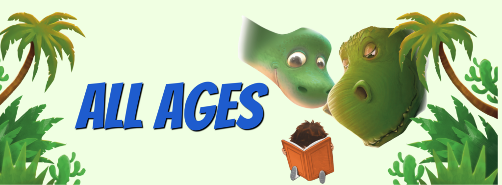 "All Ages" Two dinosaurs looking over the shoulder of a child reading