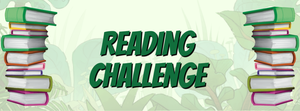 "Reading Challenge" Jungle type plants in background with stacks of books