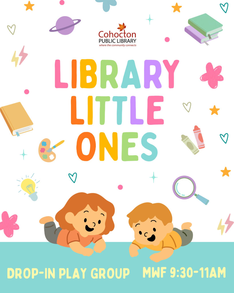 Libnrary little ones poster- drop in play group MWF 9:30-11:30am. Image of 2 children playing on the floor.