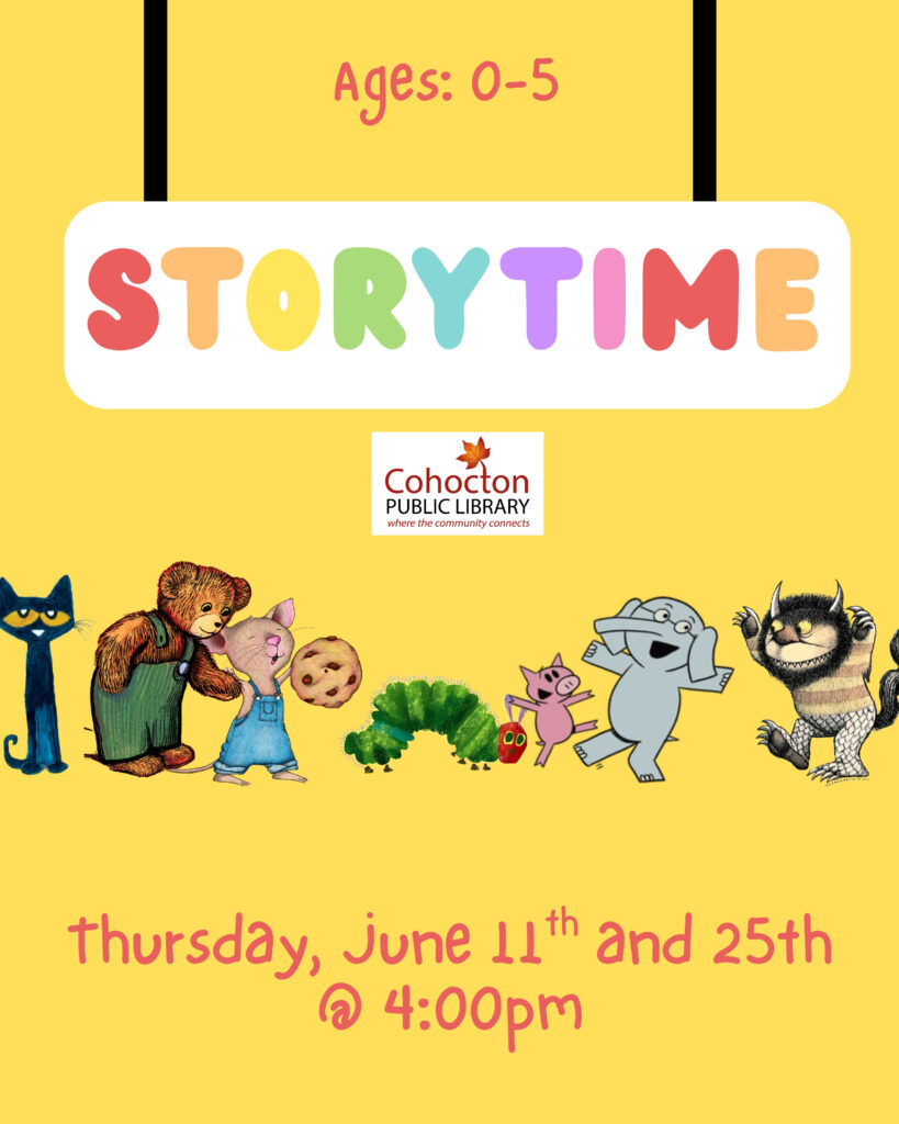 Storytime, Wednesdays June 11th and 25th at 4:00pm. Images of different classic children's picture book characters.